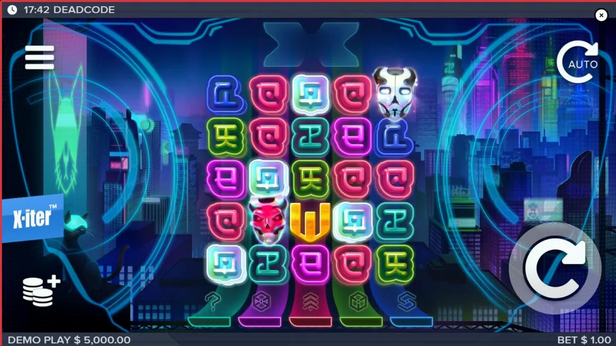 Tampilan visual futuristik dan dystopian dari slot Deadcode dengan elemen glitch digital.