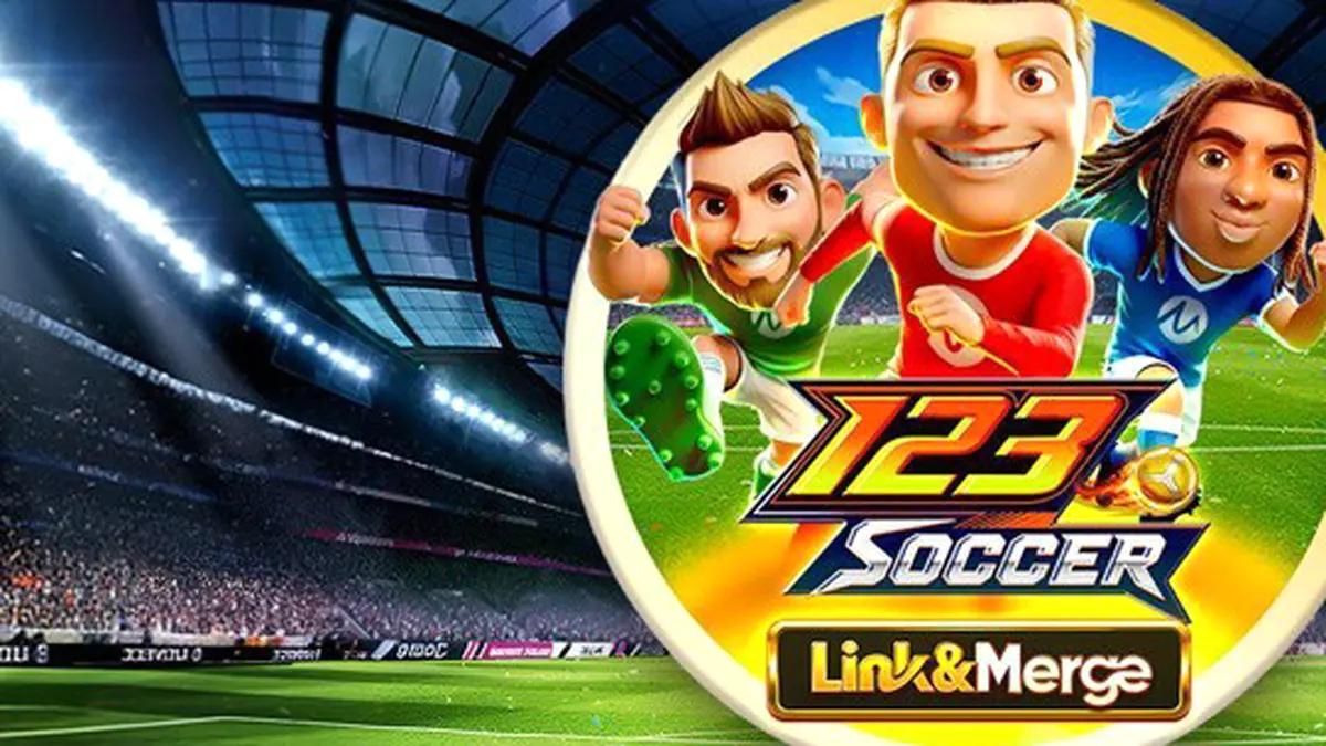 Tampilan antarmuka permainan slot 123 Soccer Link&Merge dengan tema sepak bola yang dinamis.